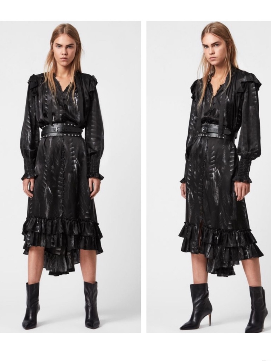 All Saints Lara Viola Silk Blend Ruffled Dress Black No Belt New Size 8